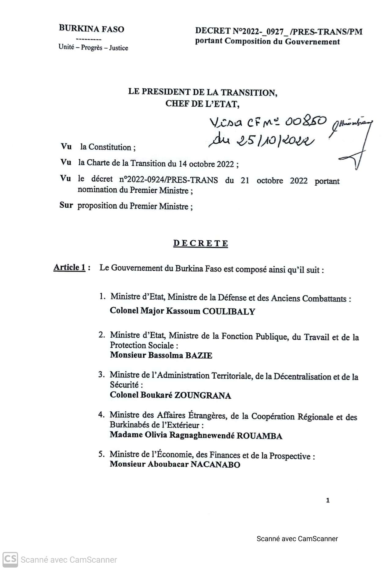 DECRET PORTANT COMPOSITION DU NOUVEAU GOUVERNEMENT DU BURKINA FASO Ministère des finances